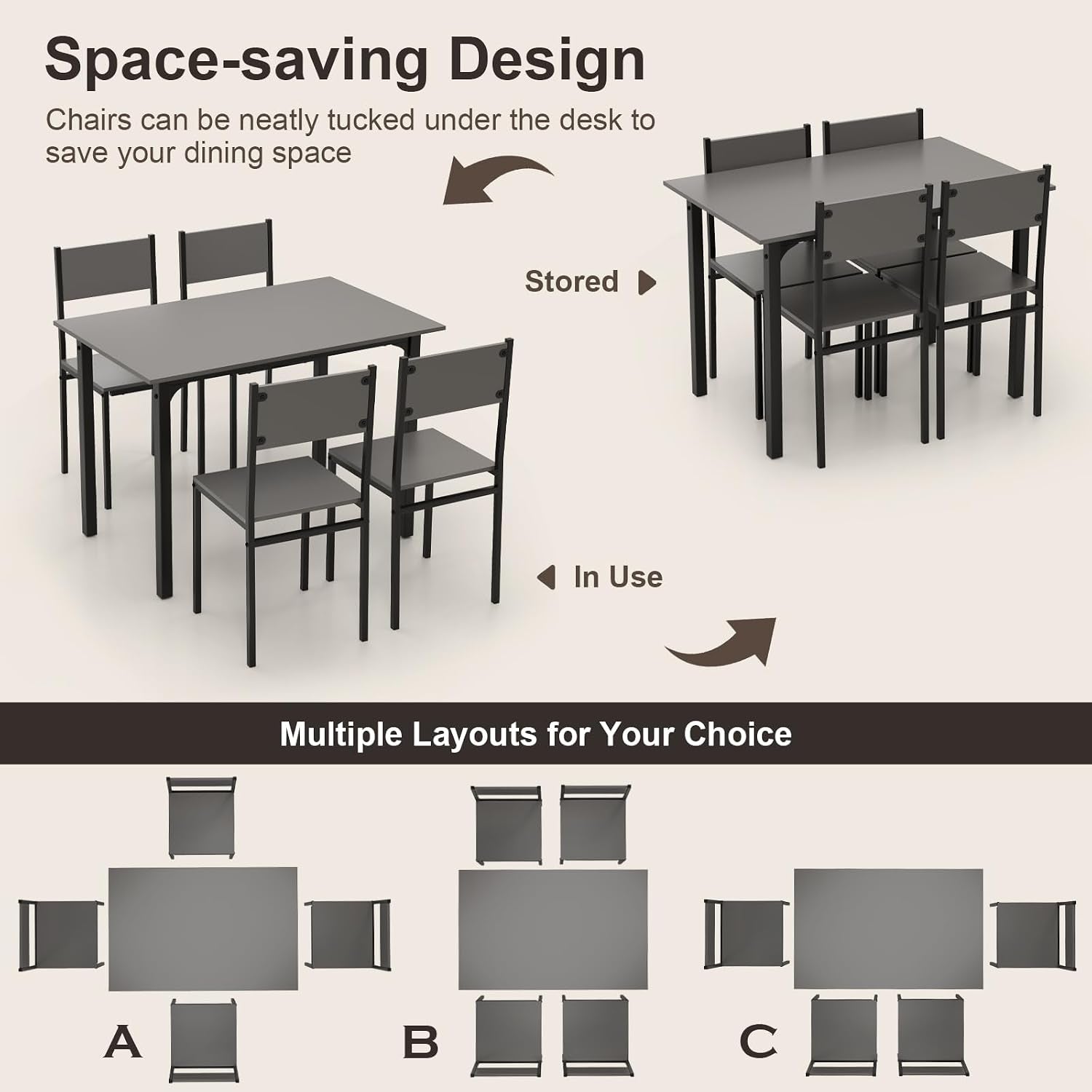 5-Piece Retro Dining Table Set for 4 – Space-Saving Kitchen Table & Chairs with Metal Frame