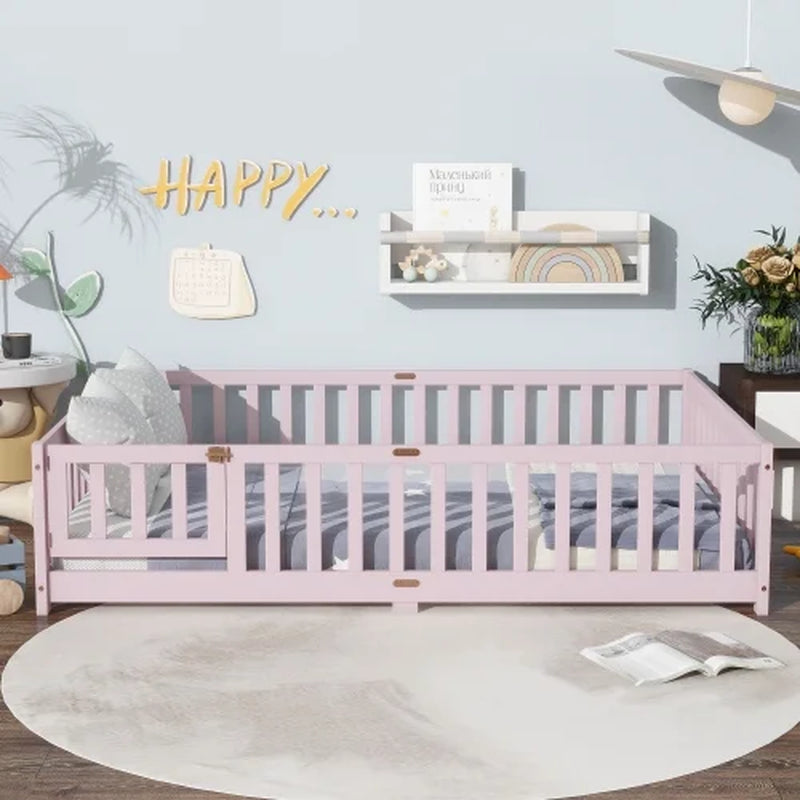 Full-Size Montessori Floor Bed – Wood Bed Frame with Door, Safety Fence & Slats, Pink