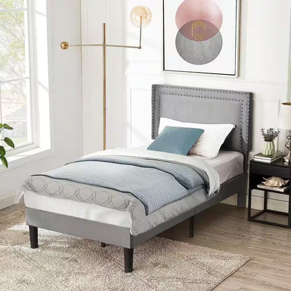 Twin Upholstered Platform Bed Frame – Adjustable Headboard, No Box Spring Needed, Gray
