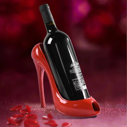 Red high heel wine bottle holder with rose petals, cozy home decor accent