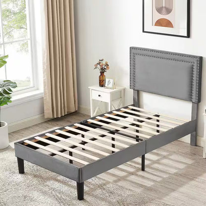 Twin Upholstered Platform Bed Frame – Adjustable Headboard, No Box Spring Needed, Gray