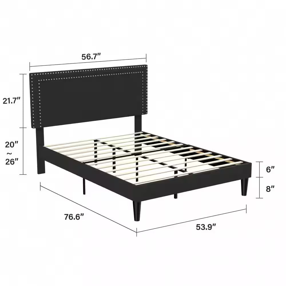 Full Upholstered Platform Bed Frame – Adjustable Headboard, No Box Spring Needed, Black