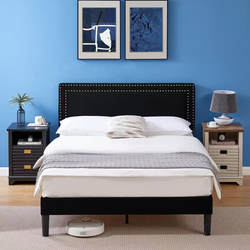 Full Upholstered Platform Bed Frame – Adjustable Headboard, No Box Spring Needed, Black