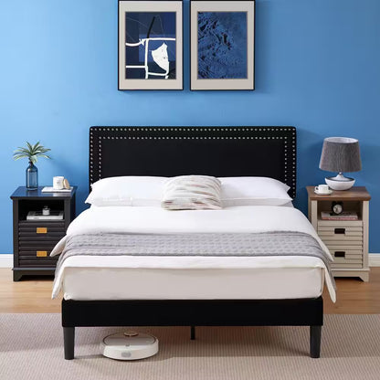 Full Upholstered Platform Bed Frame – Adjustable Headboard, No Box Spring Needed, Black