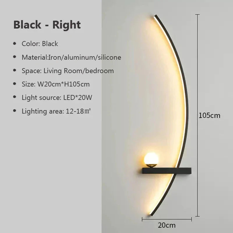 Modern black LED wall sconce for living room or bedroom, 105cm tall, warm glow design