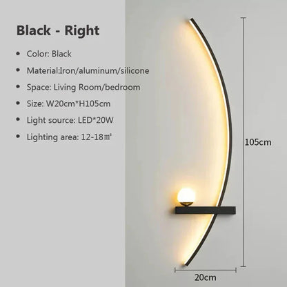 Modern black LED wall sconce for living room or bedroom, 105cm tall, warm glow design