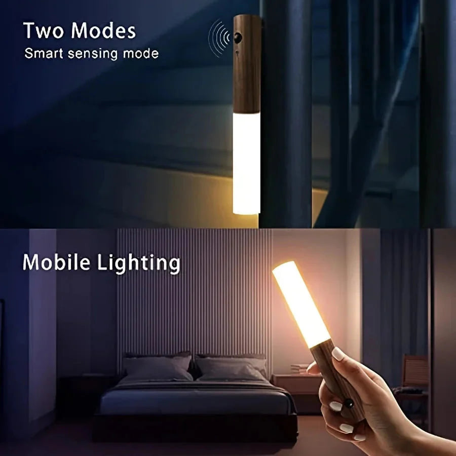 Smart motion-sensing wall light with portable handheld mode for cozy bedroom lighting