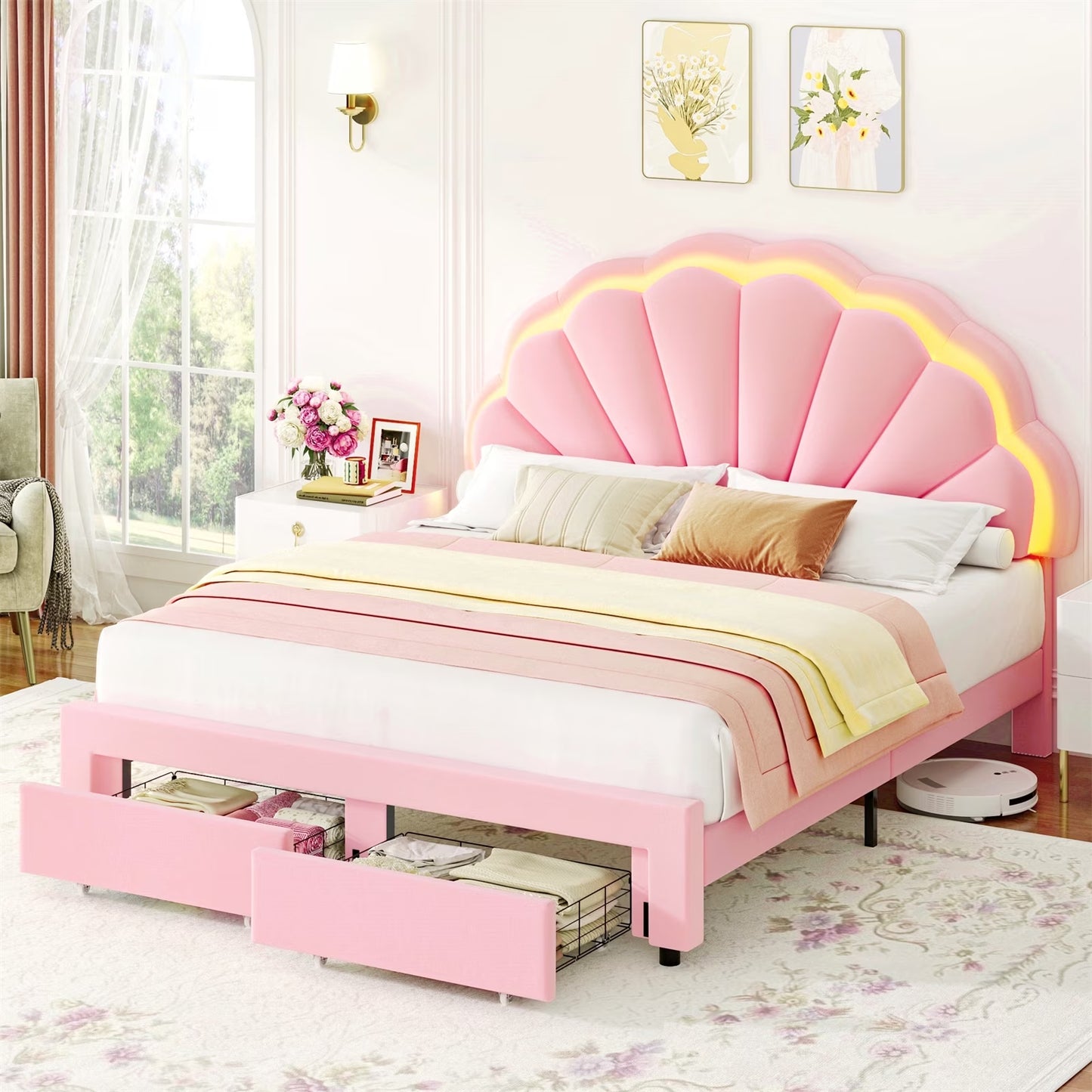 Queen Pink Velvet Bed Frame – Petal Headboard, LED Lights & Storage Drawers