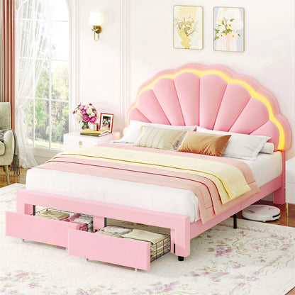 Queen Pink Velvet Bed Frame – Petal Headboard, LED Lights & Storage Drawers