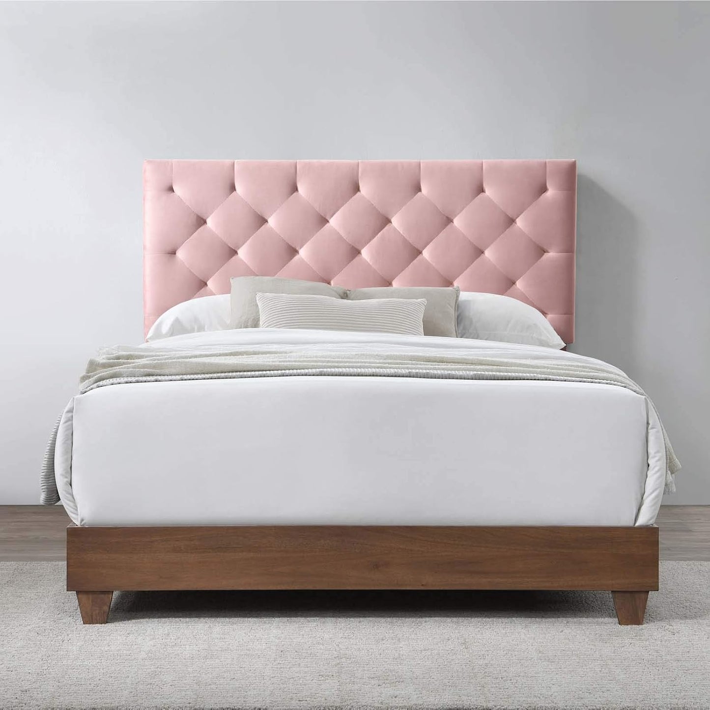 **Rhiannon Queen Velvet Bed – Diamond-Tufted Upholstered Bed Frame, Walnut & Dusty Rose**