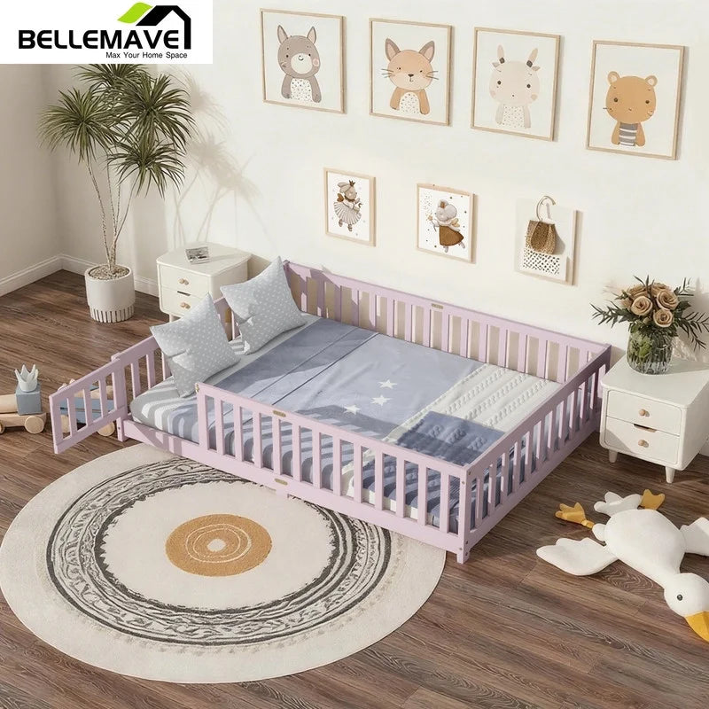 Full-Size Montessori Floor Bed – Wood Bed Frame with Door, Safety Fence & Slats, Pink
