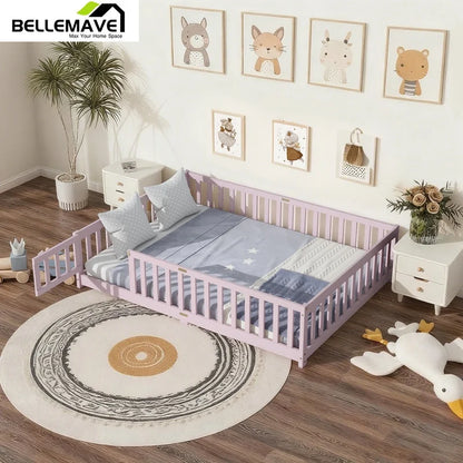 Full-Size Montessori Floor Bed – Wood Bed Frame with Door, Safety Fence & Slats, Pink