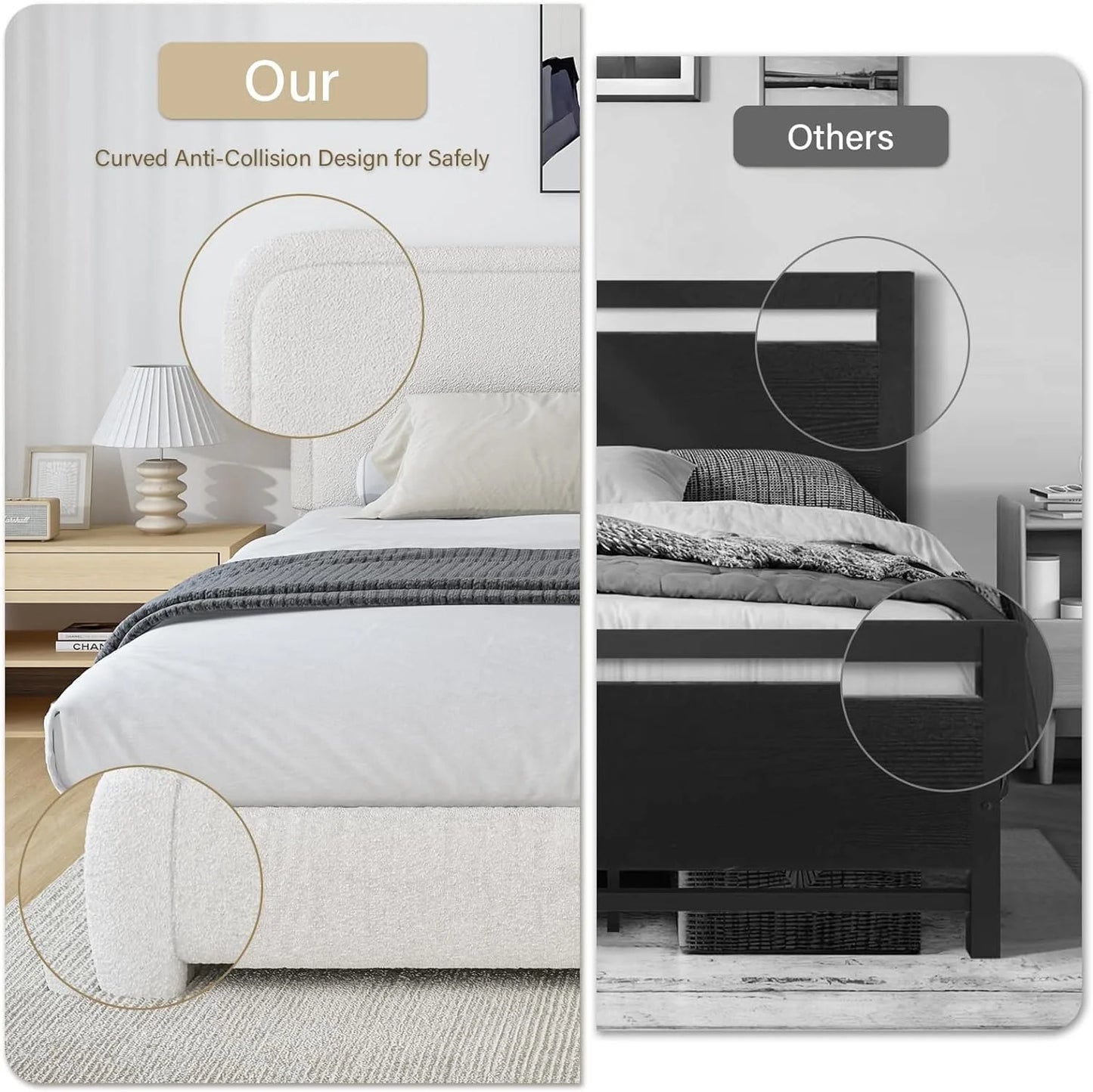 **4 Ever Queen Upholstered Bed Frame – High Curved Headboard & Soft Footboard, Cream**