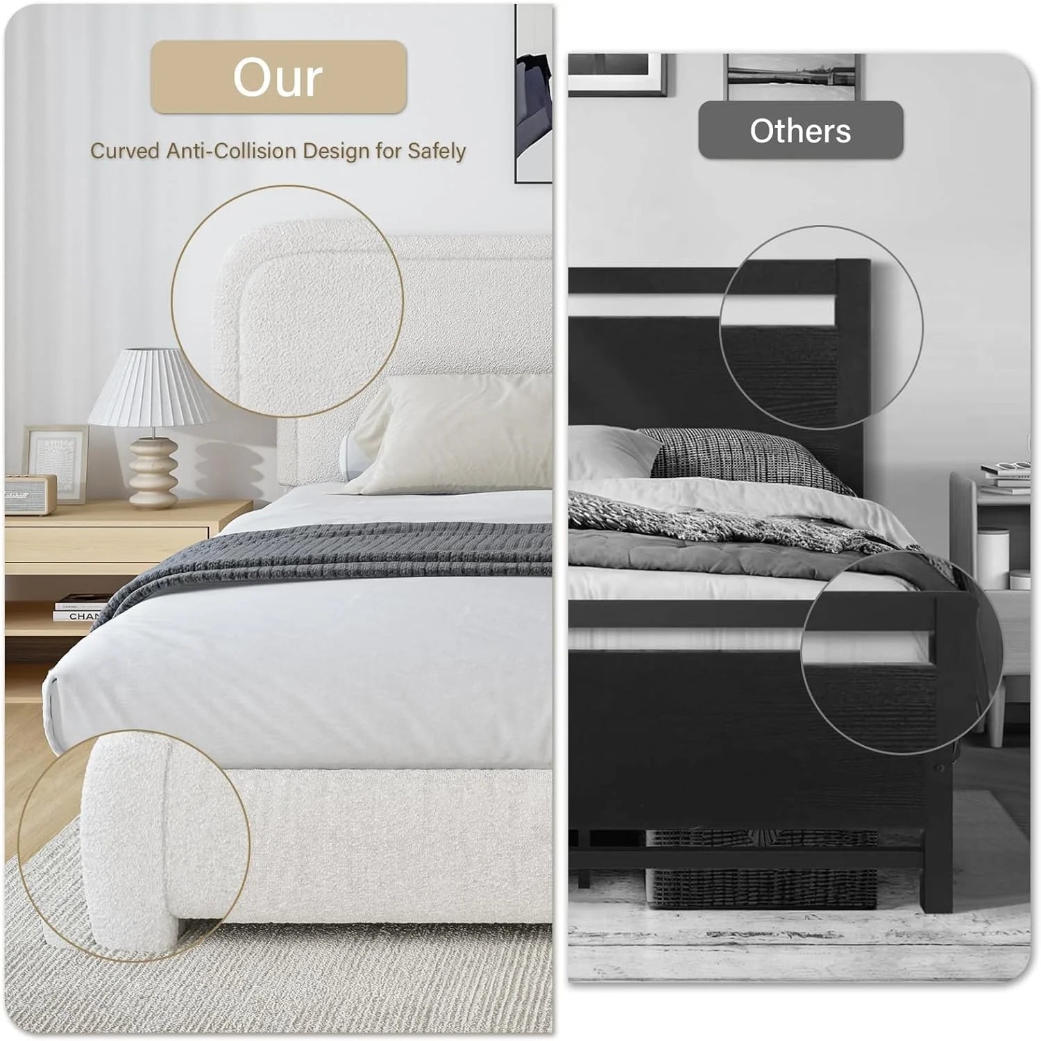 **4 Ever Queen Upholstered Bed Frame – High Curved Headboard & Soft Footboard, Cream**