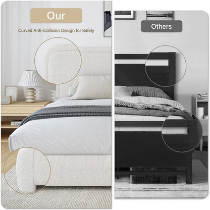 **4 Ever Queen Upholstered Bed Frame – High Curved Headboard & Soft Footboard, Cream**
