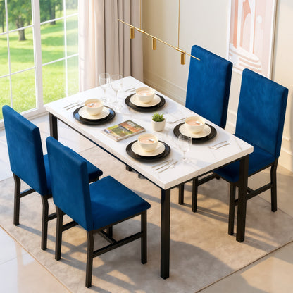 5-Piece Dining Set for 4 – Faux Marble Table with 4 Velvet Upholstered Chairs, White & Blue