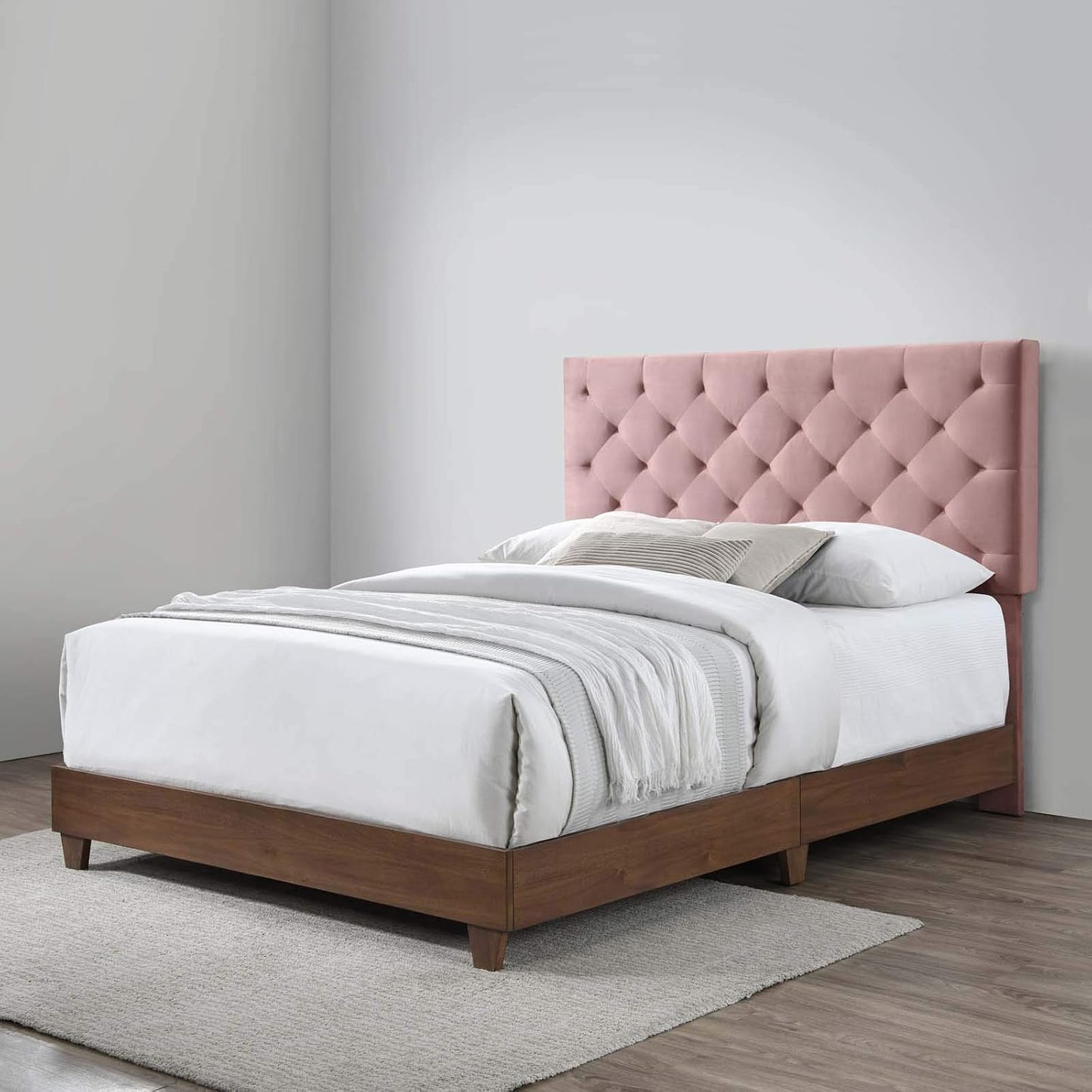 **Rhiannon Queen Velvet Bed – Diamond-Tufted Upholstered Bed Frame, Walnut & Dusty Rose**