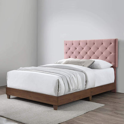 **Rhiannon Queen Velvet Bed – Diamond-Tufted Upholstered Bed Frame, Walnut & Dusty Rose**