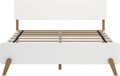 Max & Lily Queen Panel Bed – Mid-Century Modern Wood Bed Frame, White & Pecan