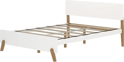 Max & Lily Queen Panel Bed – Mid-Century Modern Wood Bed Frame, White & Pecan
