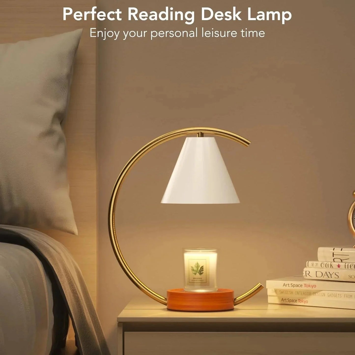 Modern gold desk lamp with white shade on nightstand, perfect for reading and cozy bedroom ambiance