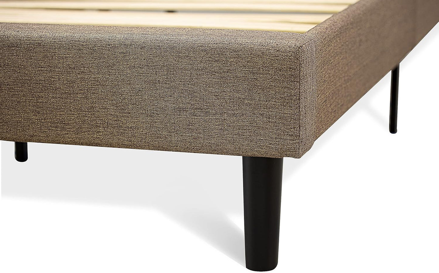 **KDF-18-Q Queen Platform Bed Frame – Brown Linen Upholstered Button-Tufted Headboard with Black Legs**