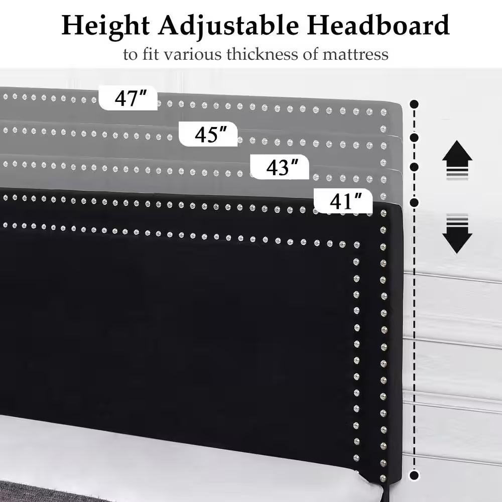 Full Upholstered Platform Bed Frame – Adjustable Headboard, No Box Spring Needed, Black