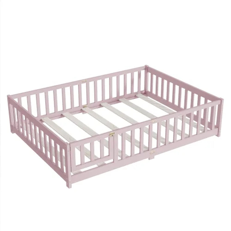 Full-Size Montessori Floor Bed – Wood Bed Frame with Door, Safety Fence & Slats, Pink