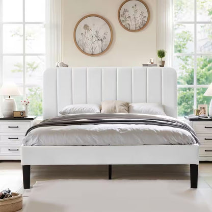 Queen Upholstered Platform Bed Frame – Adjustable Headboard & Strong Wooden Slat Support, White