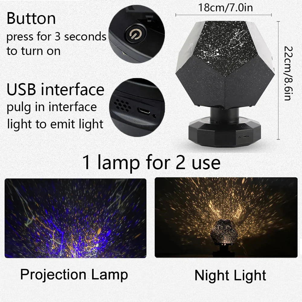 Starry night projector lamp with USB interface, dual-mode projection & cozy ambient lighting for home