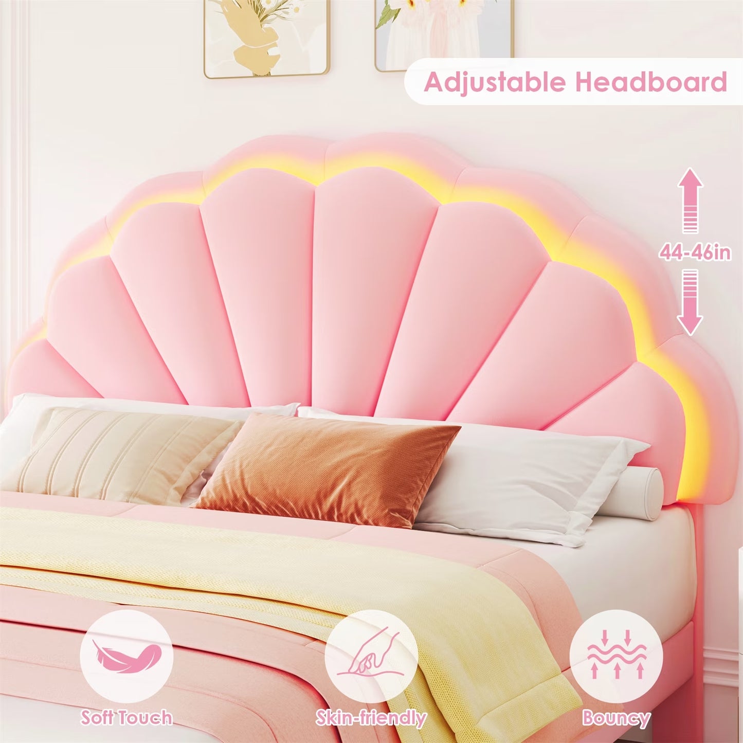Queen Pink Velvet Bed Frame – Petal Headboard, LED Lights & Storage Drawers