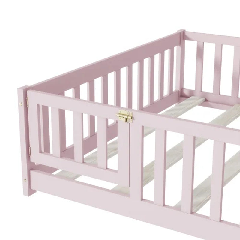 Full-Size Montessori Floor Bed – Wood Bed Frame with Door, Safety Fence & Slats, Pink