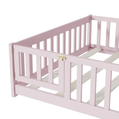 Full-Size Montessori Floor Bed – Wood Bed Frame with Door, Safety Fence & Slats, Pink