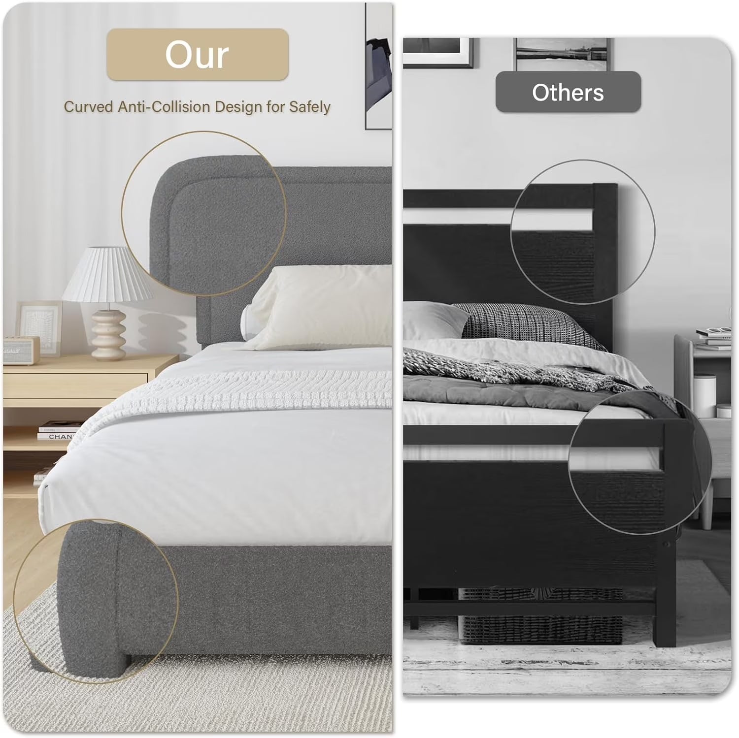 **Queen Bouclé Upholstered Bed Frame – Modern Curved Headboard, Gray**