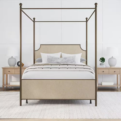 McArthur Queen Canopy Bed – Bronze Metal Frame with Upholstered Headboard