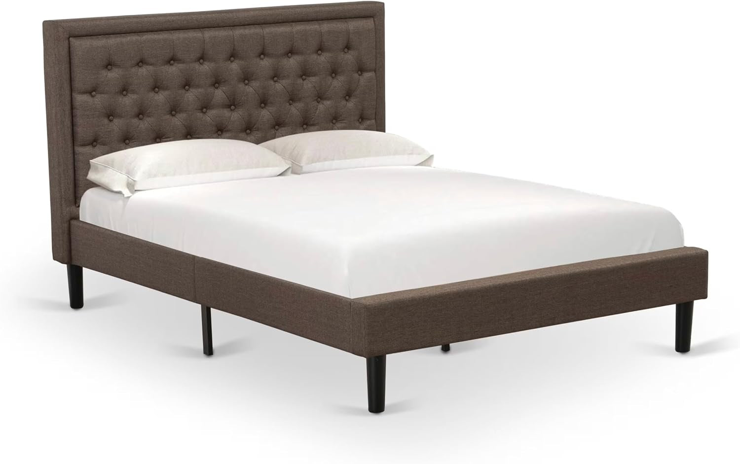 **KDF-18-Q Queen Platform Bed Frame – Brown Linen Upholstered Button-Tufted Headboard with Black Legs**