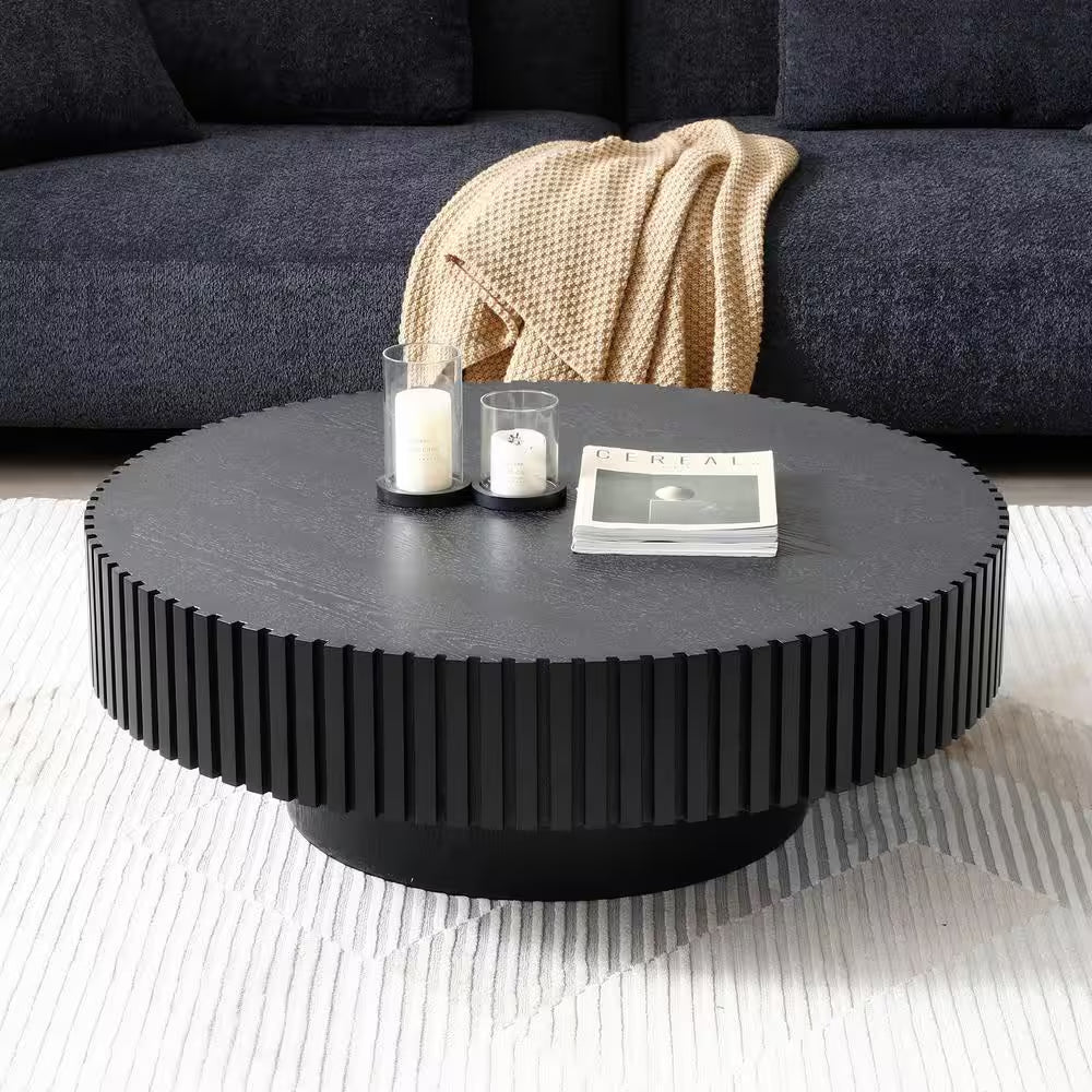 39.37" Round Black Drum Coffee Table – Modern Handcrafted Wood-Look Accent Table