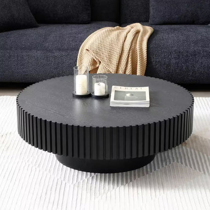 39.37" Round Black Drum Coffee Table – Modern Handcrafted Wood-Look Accent Table