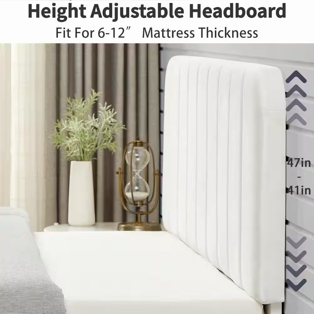 Queen Upholstered Platform Bed Frame – Adjustable Headboard & Strong Wooden Slat Support, White