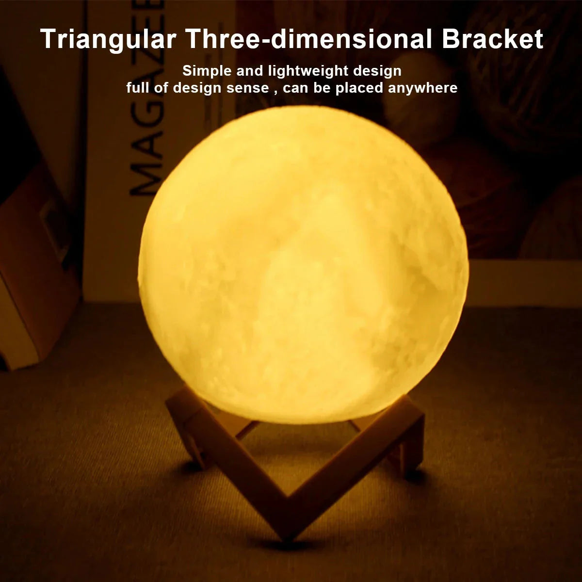 Glowing 3D moon lamp on triangular stand, cozy home decor lighting