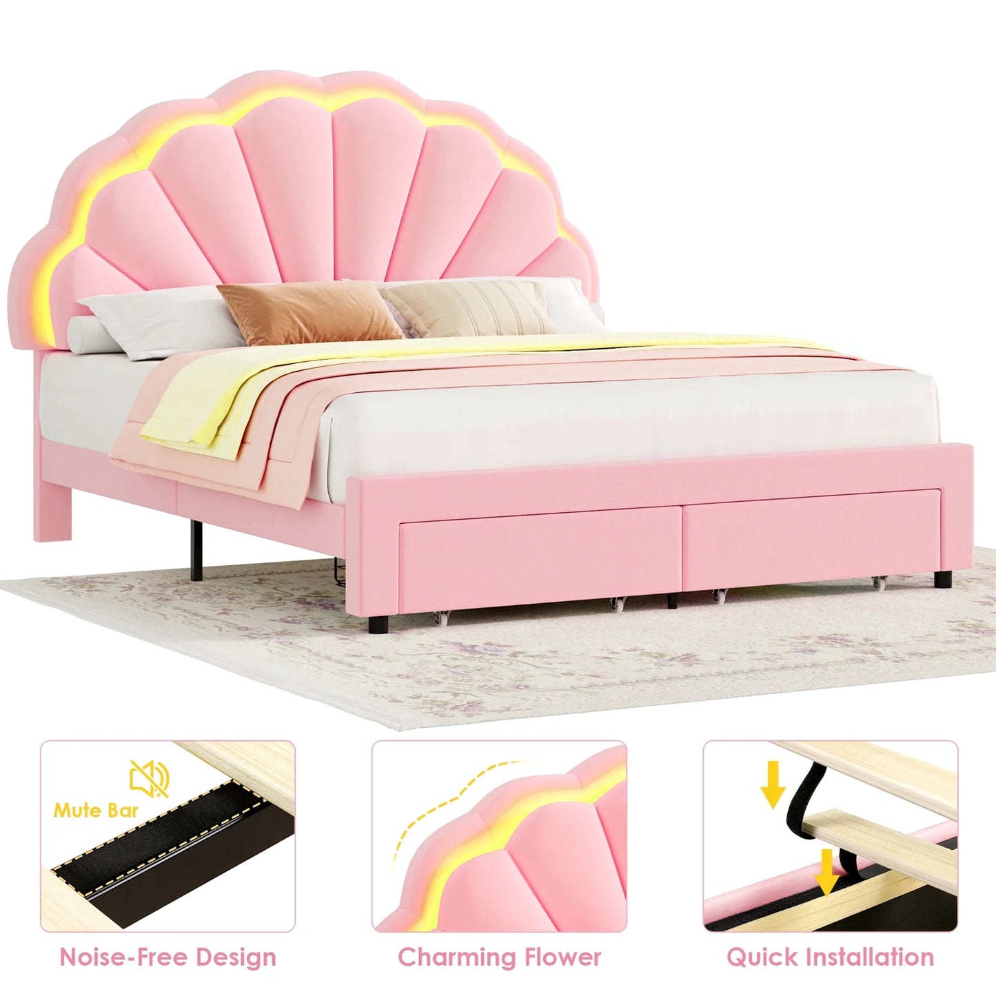 Queen Pink Velvet Bed Frame – Petal Headboard, LED Lights & Storage Drawers