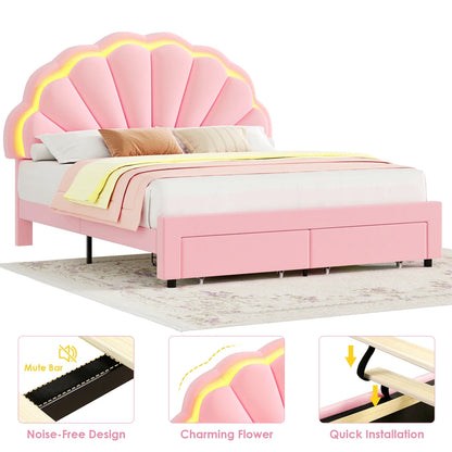 Queen Pink Velvet Bed Frame – Petal Headboard, LED Lights & Storage Drawers