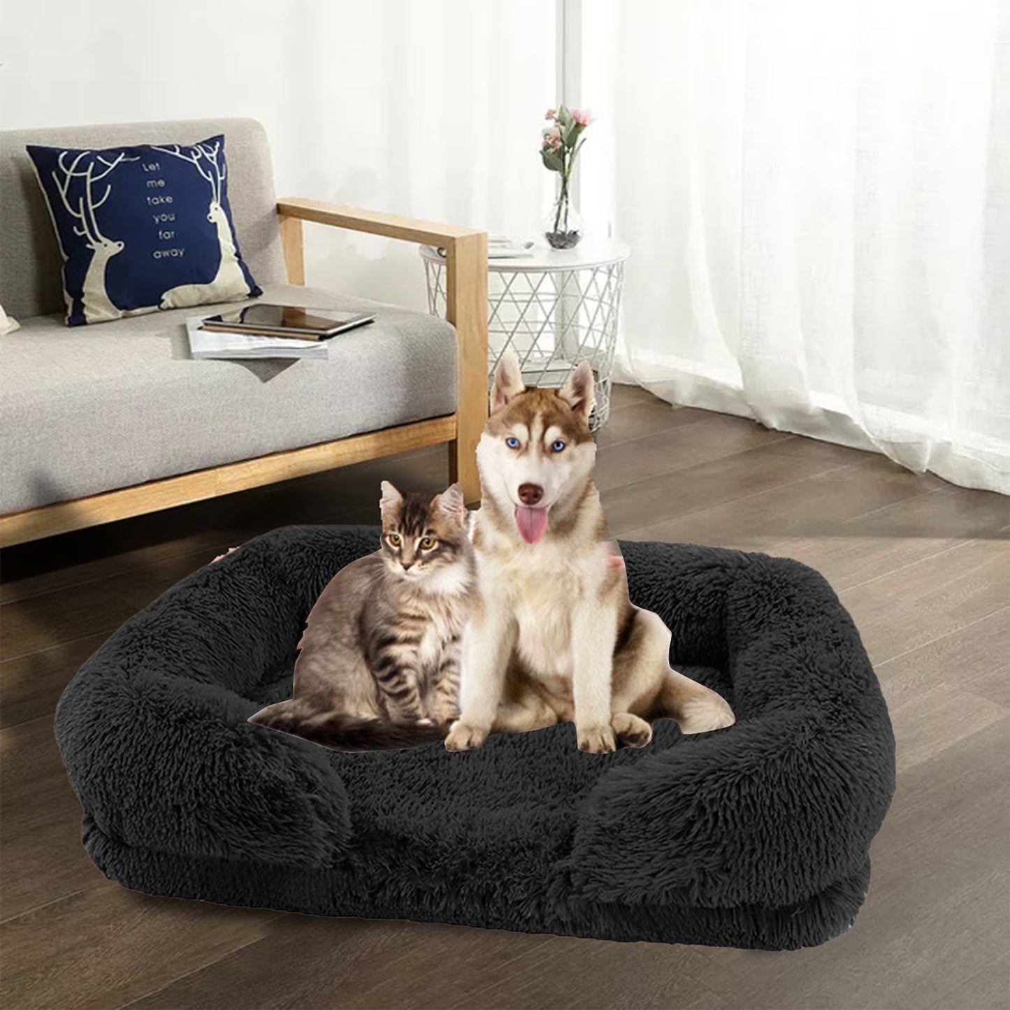 Calming Plush Dog & Cat Bed – Cozy Faux Fur Cuddler for Small & Medium Pets, Black