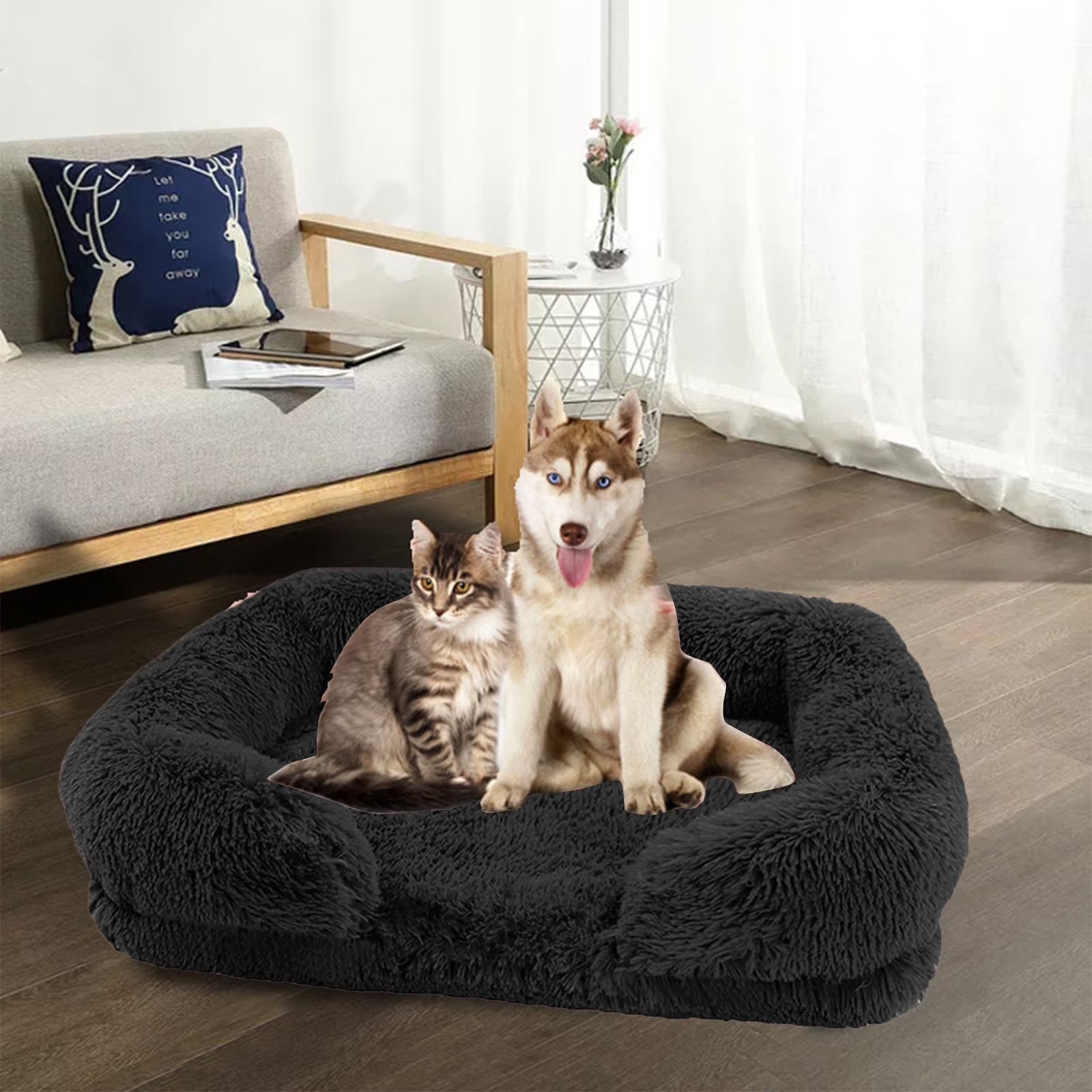Calming Plush Dog & Cat Bed – Cozy Faux Fur Cuddler for Small & Medium Pets, Black