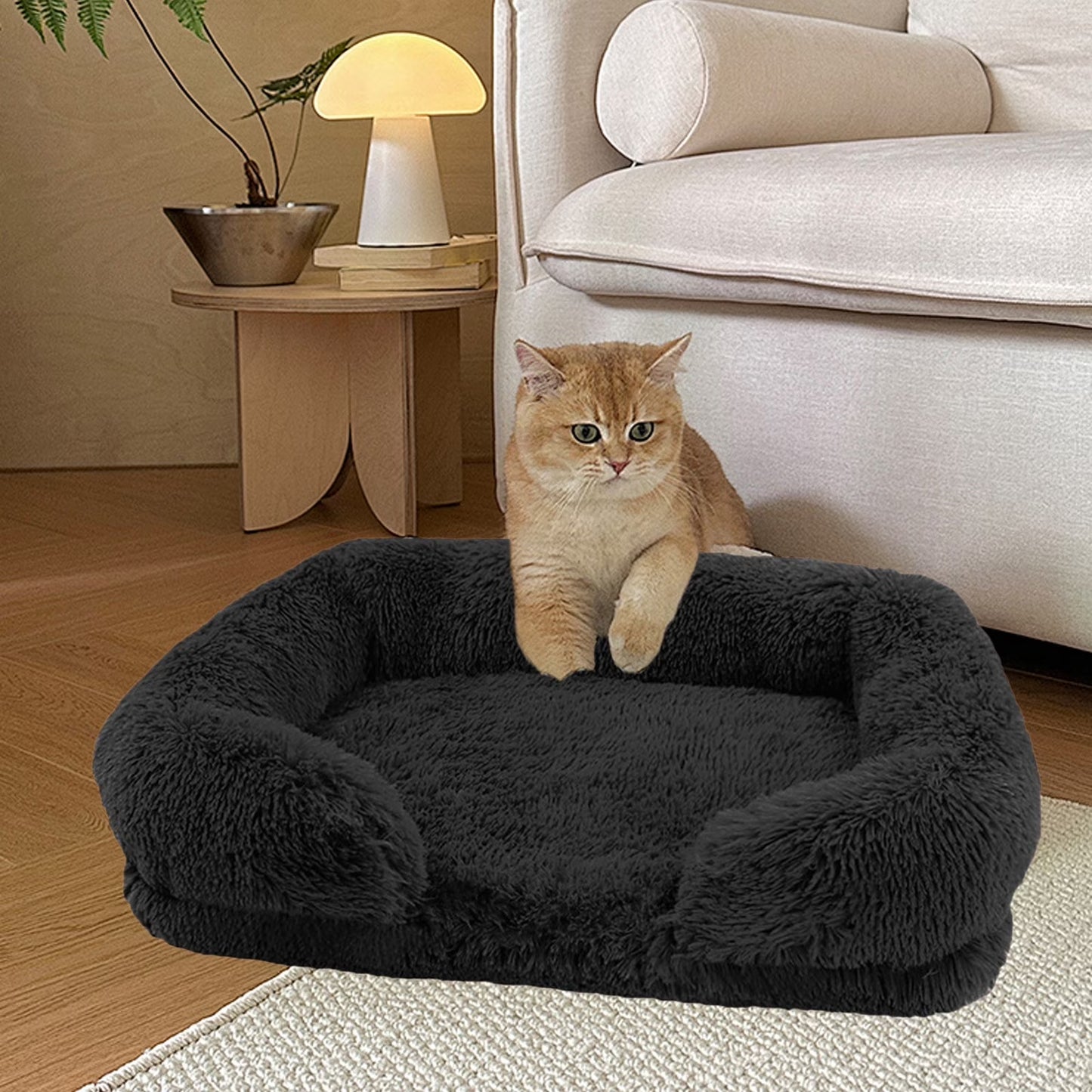 Calming Plush Dog & Cat Bed – Cozy Faux Fur Cuddler for Small & Medium Pets, Black