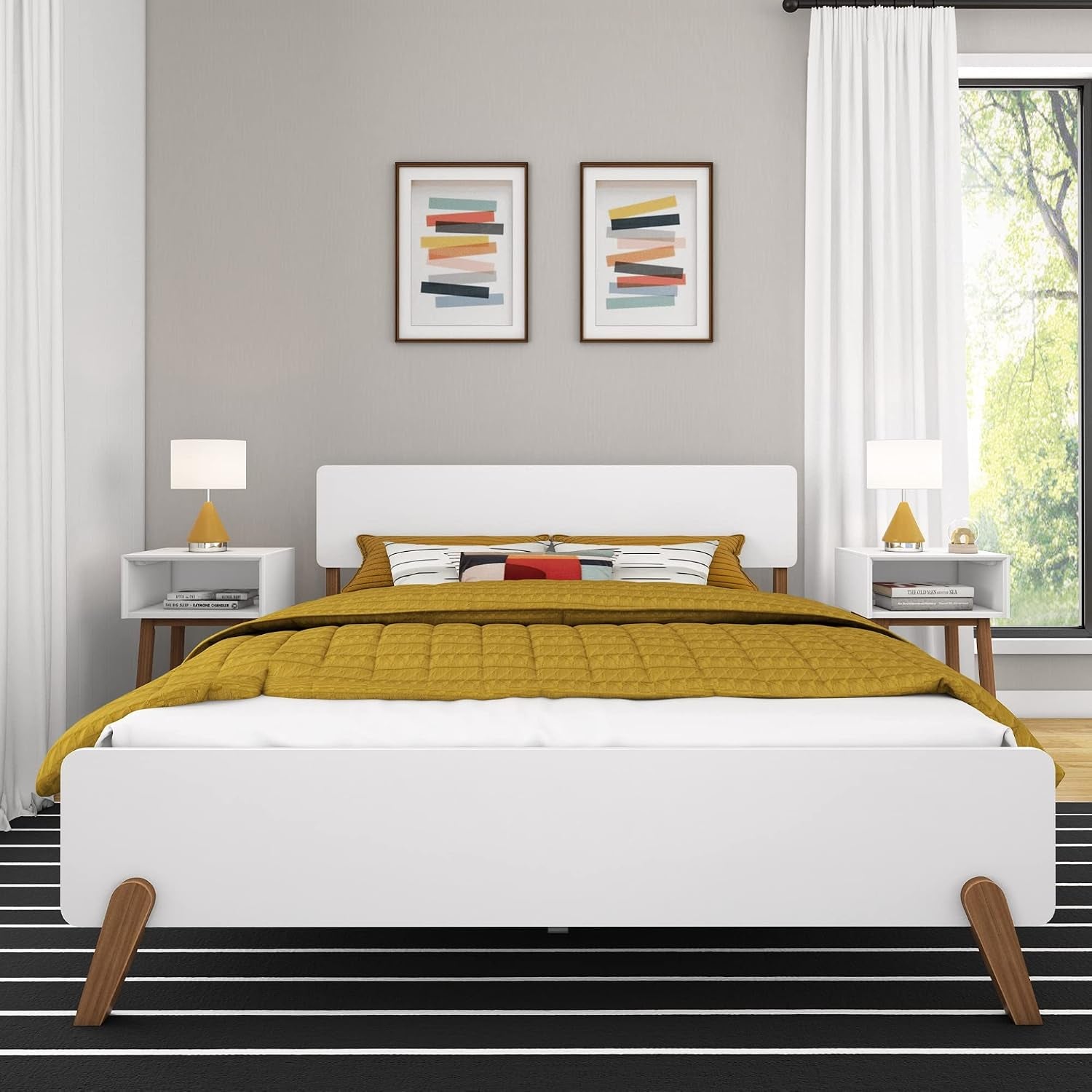 Max & Lily Queen Panel Bed – Mid-Century Modern Wood Bed Frame, White & Pecan