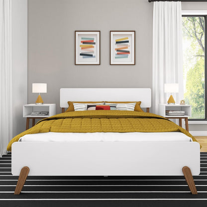 Max & Lily Queen Panel Bed – Mid-Century Modern Wood Bed Frame, White & Pecan