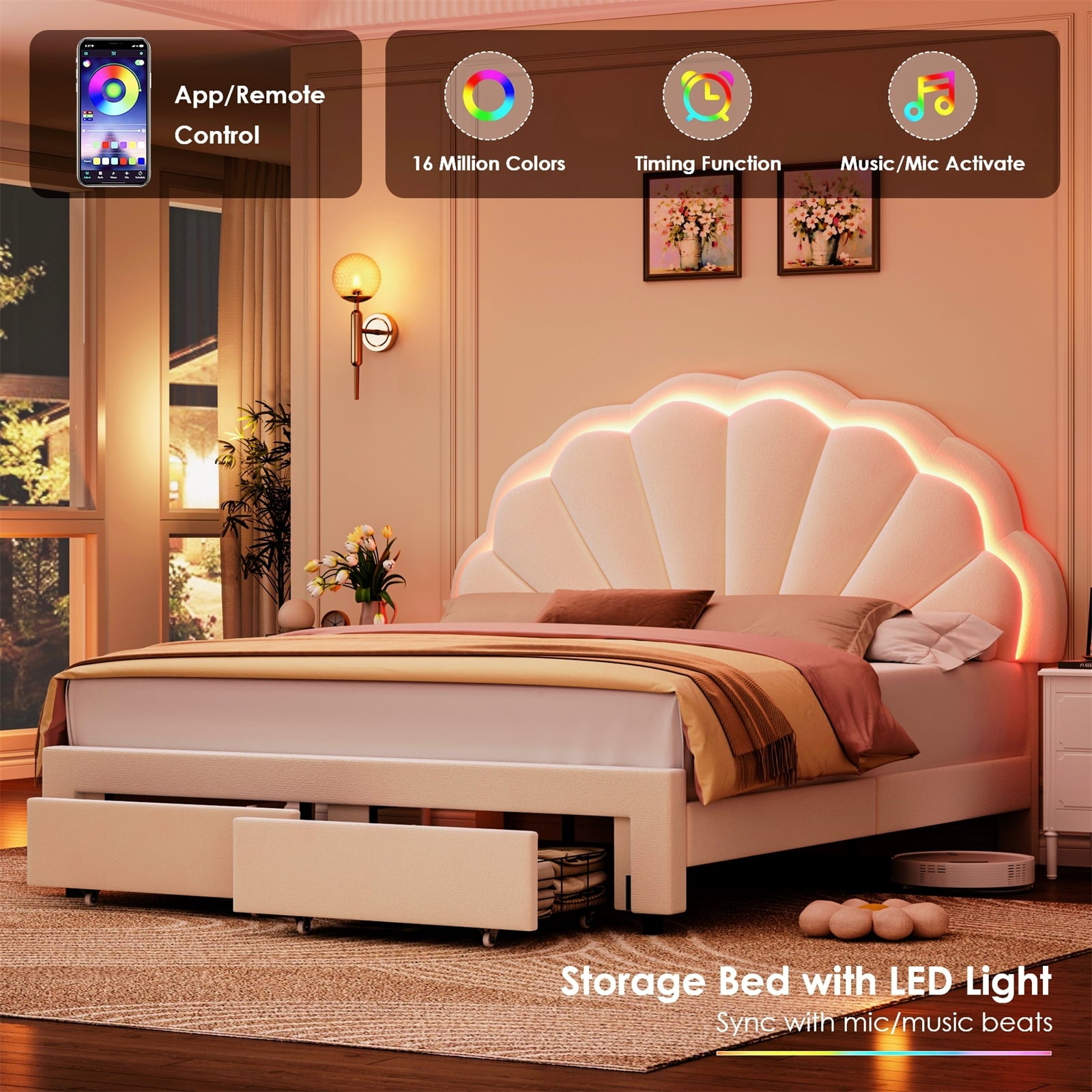 Queen Size Bed Frame with LED Lights & Storage Drawers, Upholstered Platform Bed with Adjustable Petal Headboard, off White Velvet