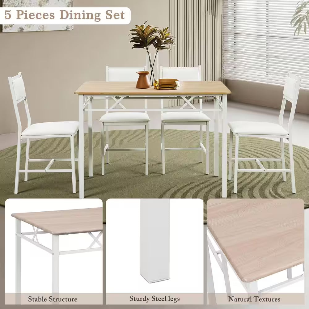 5-Piece Dining Table Set for 4 – Space-Saving Oak Table & 4 Padded Chairs