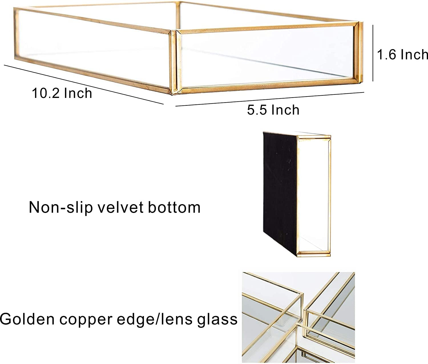 Clear Gold Mirror Vanity Tray – Perfume, Makeup & Jewelry Organizer for Dresser or Bathroom